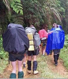 Student Hiking in Rain Gear